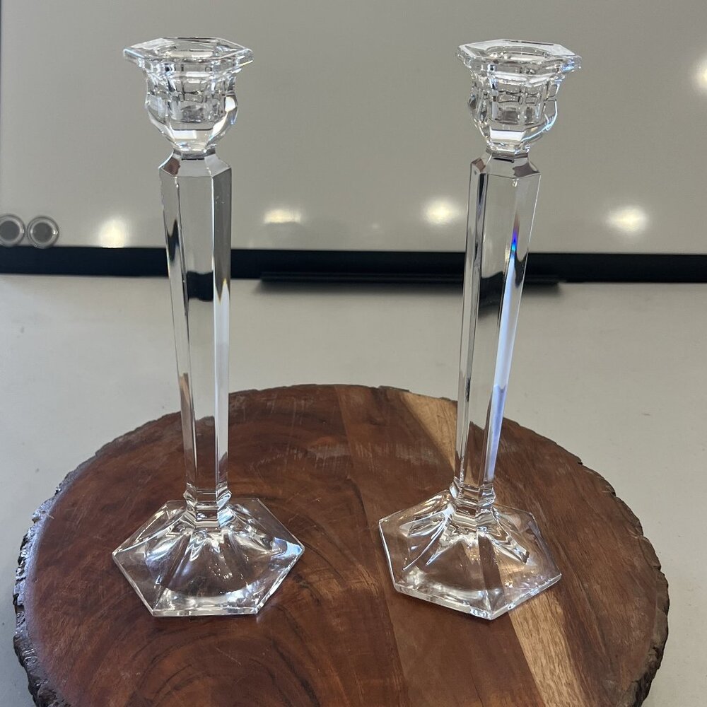 Pair of Handmade Geometric Cut Bohemian Crystal Candle Holders!